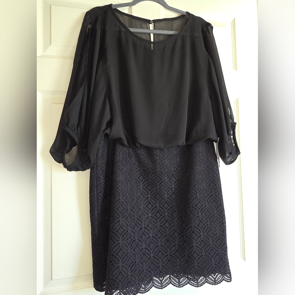 NWT Laundry By Shelli Segal Black Chiffon Top with Lace Skirt Dress Size 12